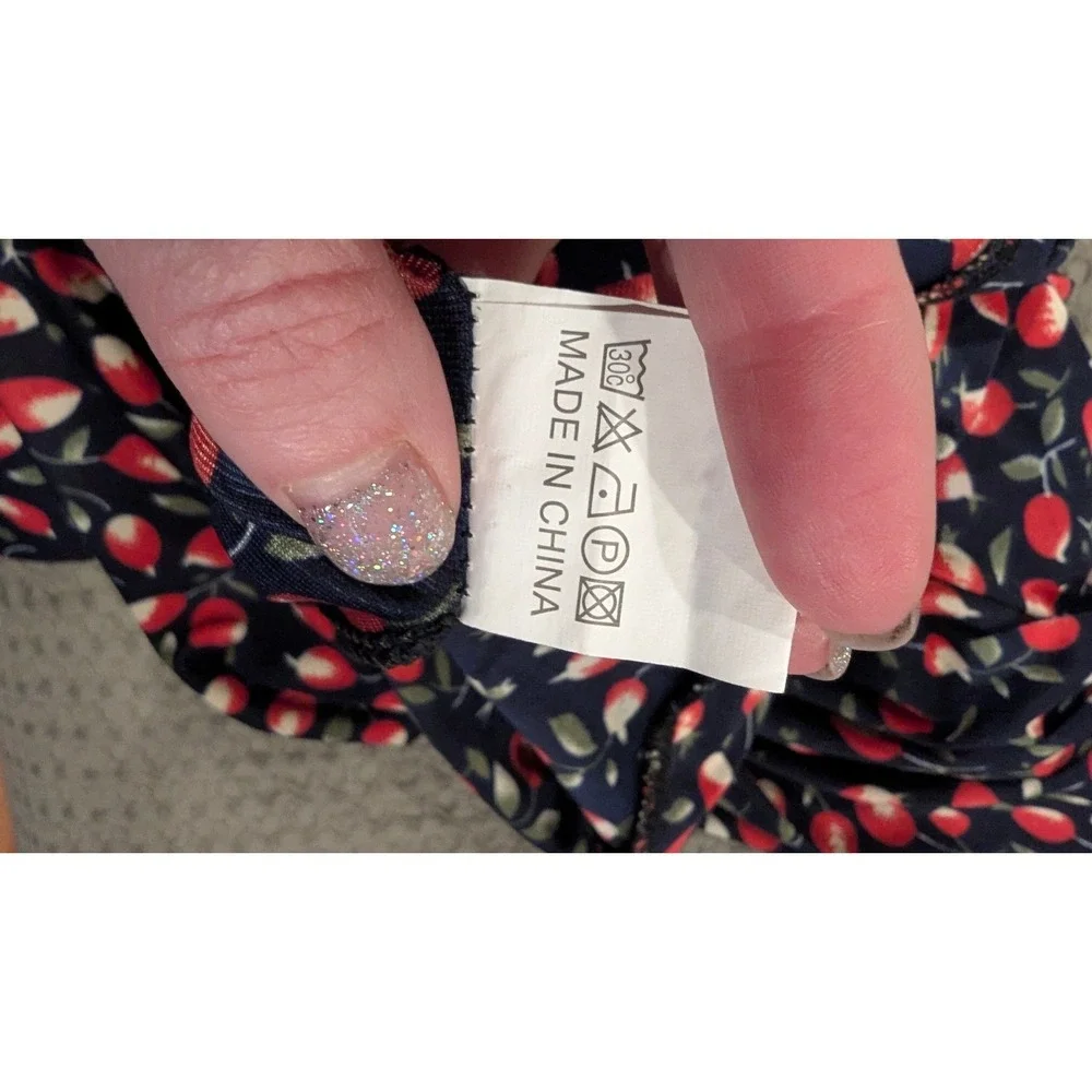 Floral Fruit Bud Print Navy‎ Maxi Skirt L/XL High Waisted Flowy Cotton Blend